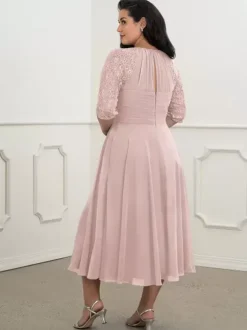 Bridal Mother Dress Flesh Color Jewel Neck Half Sleeves A-Line Lace Pleated Floor-Length Wedding Guest Dresses