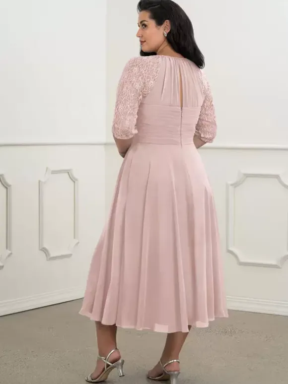 Bridal Mother Dress Flesh Color Jewel Neck Half Sleeves A-Line Lace Pleated Floor-Length Wedding Guest Dresses
