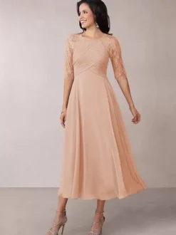 Bridal Mother Dress Flesh Color Jewel Neck Half Sleeves A-Line Lace Pleated Floor-Length Wedding Guest Dresses