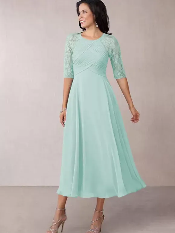 Bridal Mother Dress Flesh Color Jewel Neck Half Sleeves A-Line Lace Pleated Floor-Length Wedding Guest Dresses