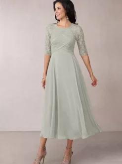 Bridal Mother Dress Flesh Color Jewel Neck Half Sleeves A-Line Lace Pleated Floor-Length Wedding Guest Dresses