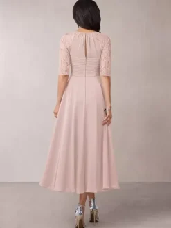 Bridal Mother Dress Flesh Color Jewel Neck Half Sleeves A-Line Lace Pleated Floor-Length Wedding Guest Dresses
