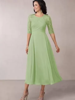 Bridal Mother Dress Flesh Color Jewel Neck Half Sleeves A-Line Lace Pleated Floor-Length Wedding Guest Dresses