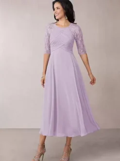 Bridal Mother Dress Flesh Color Jewel Neck Half Sleeves A-Line Lace Pleated Floor-Length Wedding Guest Dresses