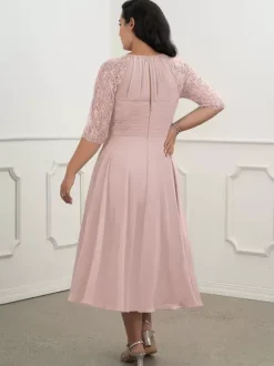 Bridal Mother Dress Flesh Color Jewel Neck Half Sleeves A-Line Lace Pleated Floor-Length Wedding Guest Dresses
