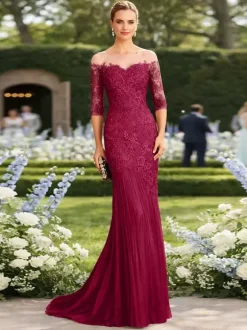 Bridal Mother Dress Illusion Neckline Half Sleeves Mermaid Pleated With Train Guest Dresses For Wedding