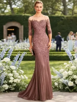 Bridal Mother Dress Illusion Neckline Half Sleeves Mermaid Pleated With Train Guest Dresses For Wedding