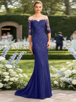 Bridal Mother Dress Illusion Neckline Half Sleeves Mermaid Pleated With Train Guest Dresses For Wedding