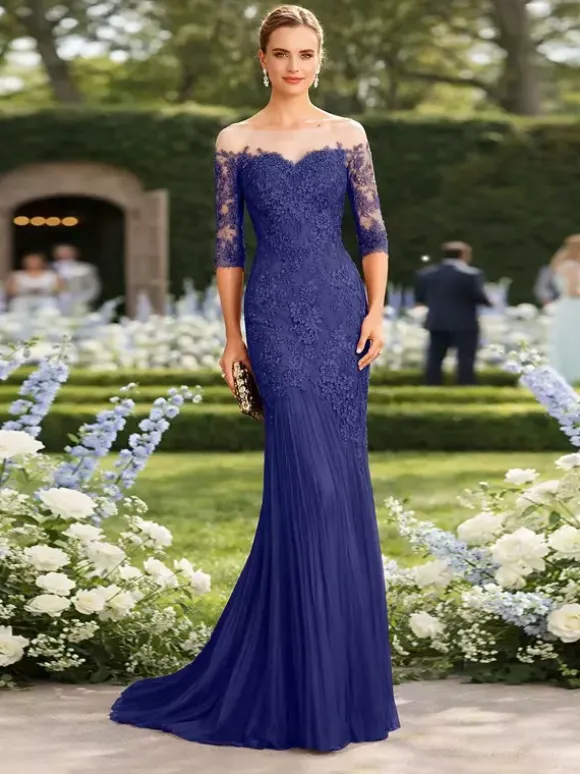 Bridal Mother Dress Illusion Neckline Half Sleeves Mermaid Pleated With Train Guest Dresses For Wedding
