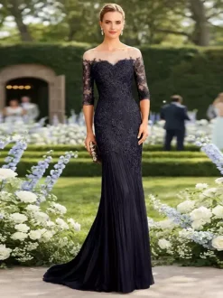 Bridal Mother Dress Illusion Neckline Half Sleeves Mermaid Pleated With Train Guest Dresses For Wedding