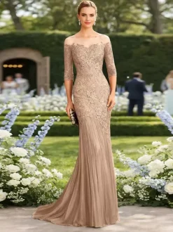 Bridal Mother Dress Illusion Neckline Half Sleeves Mermaid Pleated With Train Guest Dresses For Wedding