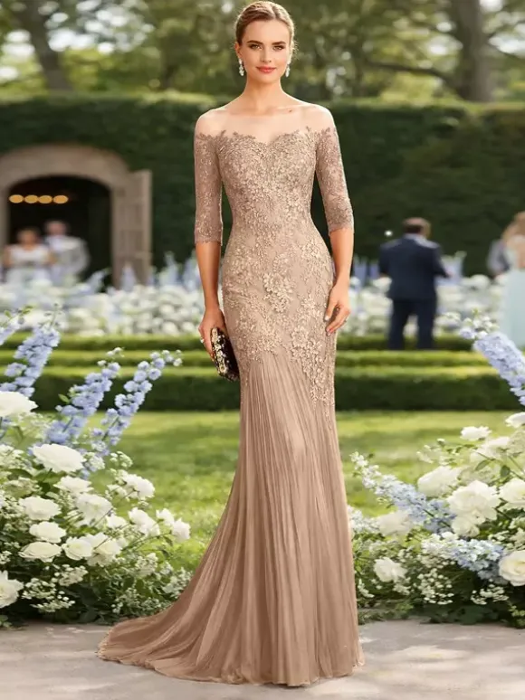 Bridal Mother Dress Illusion Neckline Half Sleeves Mermaid Pleated With Train Guest Dresses For Wedding