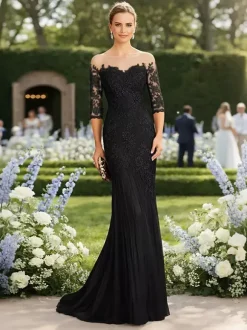 Bridal Mother Dress Illusion Neckline Half Sleeves Mermaid Pleated With Train Guest Dresses For Wedding