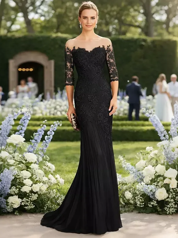 Bridal Mother Dress Illusion Neckline Half Sleeves Mermaid Pleated With Train Guest Dresses For Wedding