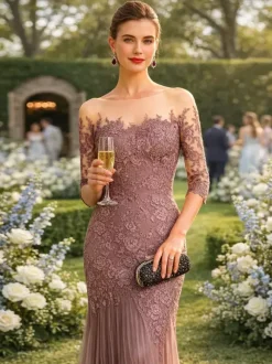 Bridal Mother Dress Illusion Neckline Half Sleeves Mermaid Pleated With Train Guest Dresses For Wedding