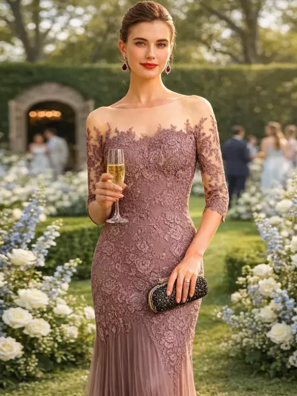Bridal Mother Dress Illusion Neckline Half Sleeves Mermaid Pleated With Train Guest Dresses For Wedding