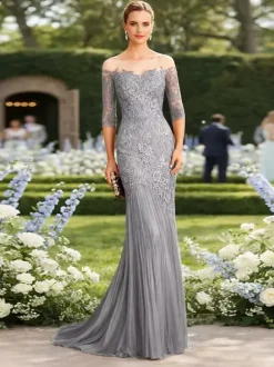 Bridal Mother Dress Illusion Neckline Half Sleeves Mermaid Pleated With Train Guest Dresses For Wedding