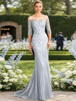 Bridal Mother Dress Illusion Neckline Half Sleeves Mermaid Pleated With Train Guest Dresses For Wedding