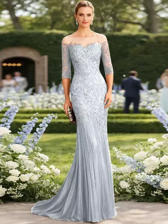 Bridal Mother Dress Illusion Neckline Half Sleeves Mermaid Pleated With Train Guest Dresses For Wedding