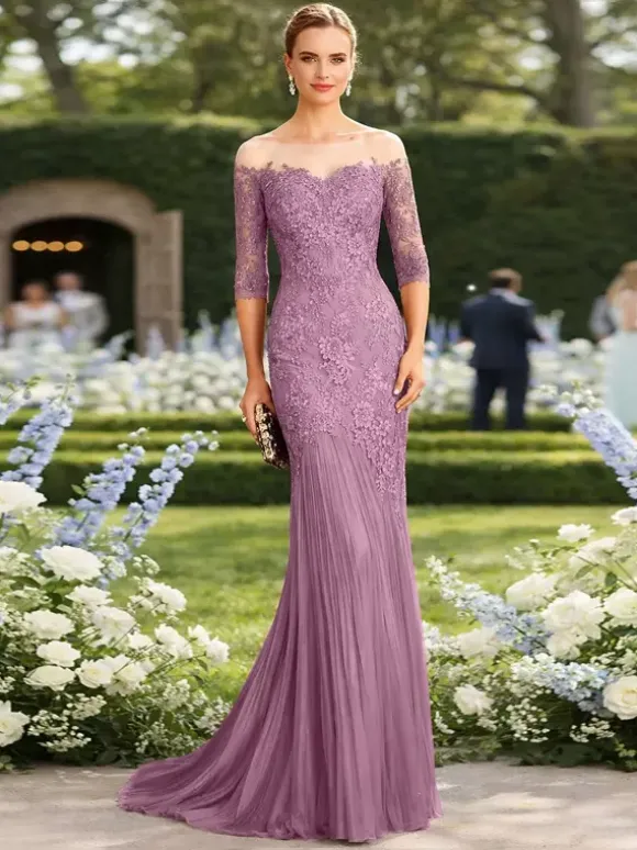 Bridal Mother Dress Illusion Neckline Half Sleeves Mermaid Pleated With Train Guest Dresses For Wedding