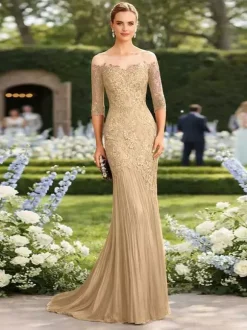 Bridal Mother Dress Illusion Neckline Half Sleeves Mermaid Pleated With Train Guest Dresses For Wedding