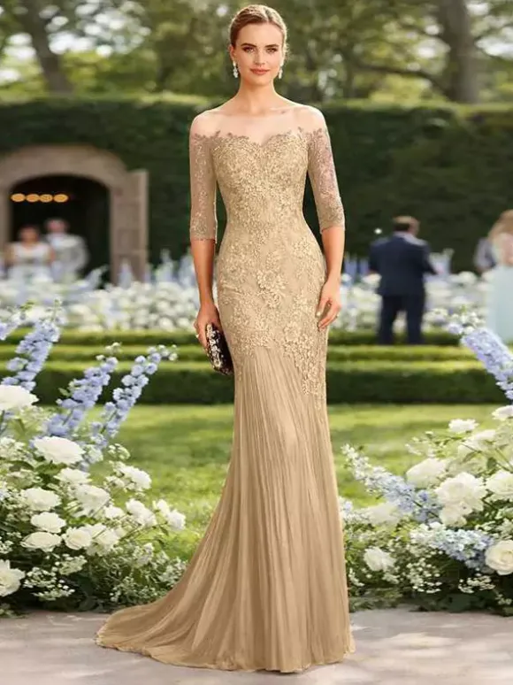 Bridal Mother Dress Illusion Neckline Half Sleeves Mermaid Pleated With Train Guest Dresses For Wedding