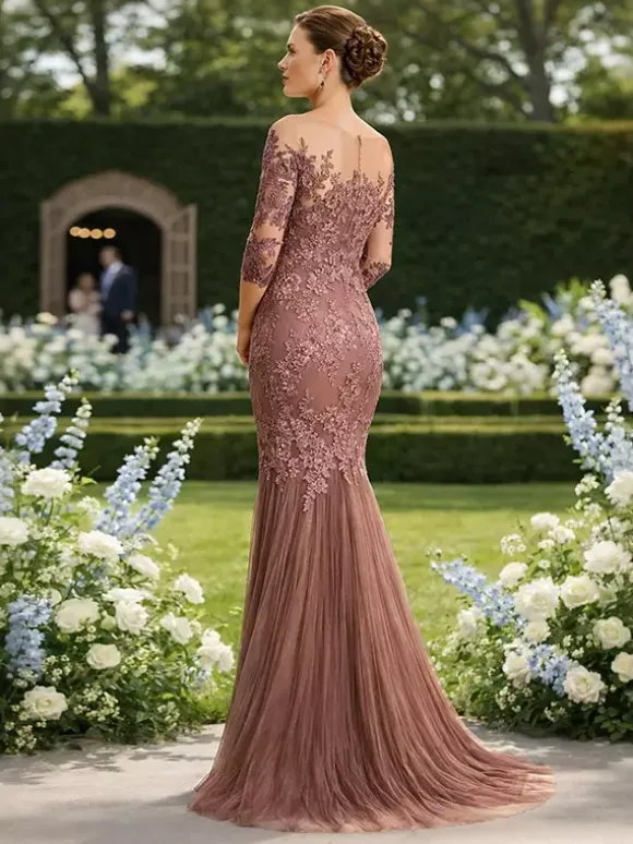 Bridal Mother Dress Illusion Neckline Half Sleeves Mermaid Pleated With Train Guest Dresses For Wedding