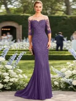 Bridal Mother Dress Illusion Neckline Half Sleeves Mermaid Pleated With Train Guest Dresses For Wedding
