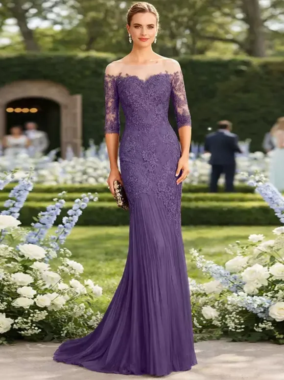 Bridal Mother Dress Illusion Neckline Half Sleeves Mermaid Pleated With Train Guest Dresses For Wedding