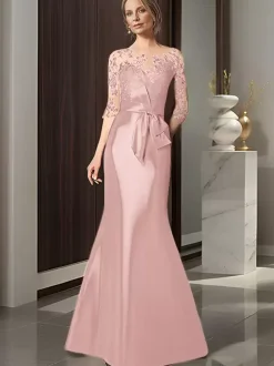 Bridal Mother Dress Illusion Neckline 3/4 Length Sleeves Bows Mermaid Wedding Guest Dresses
