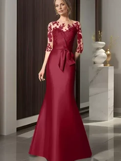 Bridal Mother Dress Illusion Neckline 3/4 Length Sleeves Bows Mermaid Wedding Guest Dresses