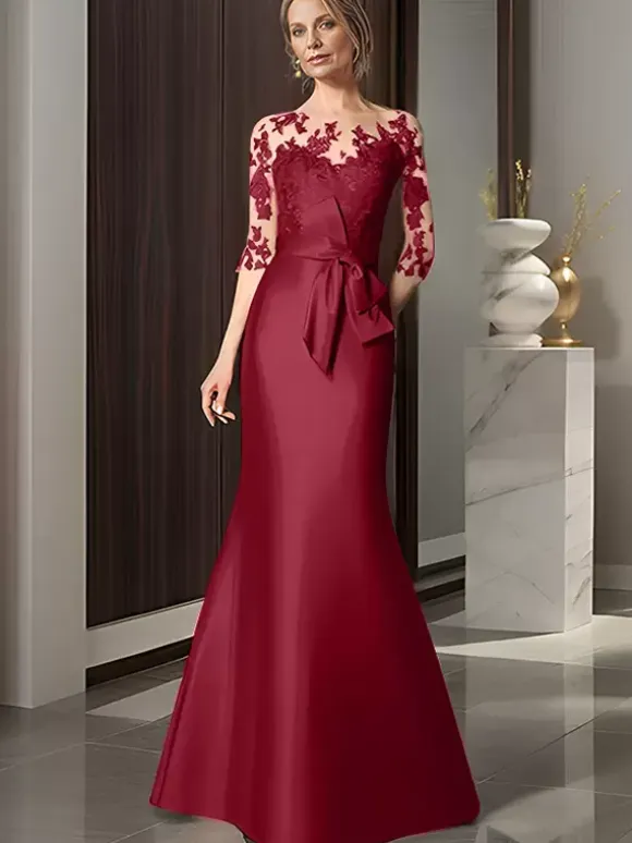 Bridal Mother Dress Illusion Neckline 3/4 Length Sleeves Bows Mermaid Wedding Guest Dresses