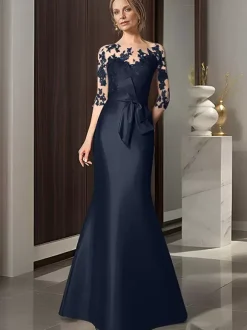 Bridal Mother Dress Illusion Neckline 3/4 Length Sleeves Bows Mermaid Wedding Guest Dresses
