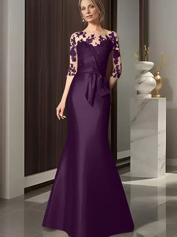 Bridal Mother Dress Illusion Neckline 3/4 Length Sleeves Bows Mermaid Wedding Guest Dresses