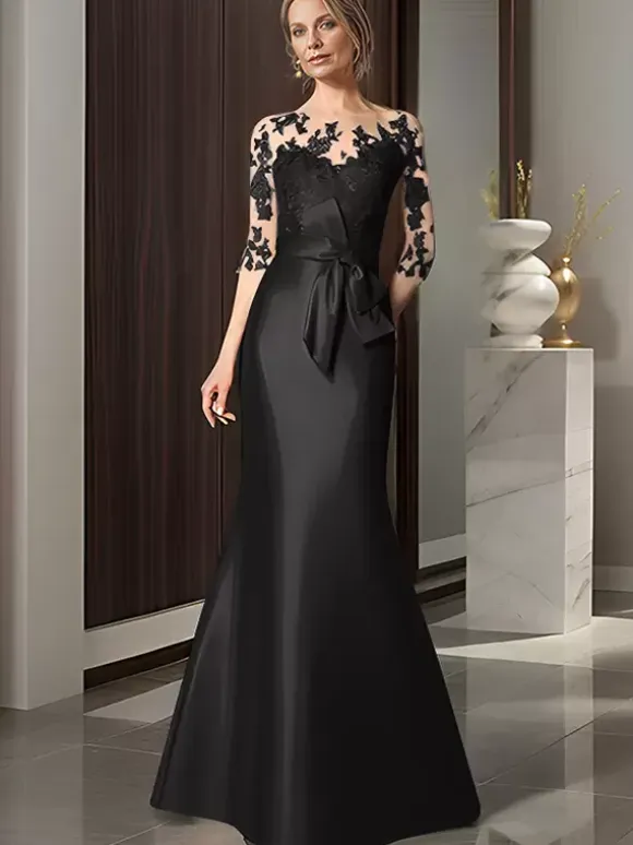 Bridal Mother Dress Illusion Neckline 3/4 Length Sleeves Bows Mermaid Wedding Guest Dresses