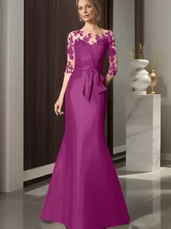 Bridal Mother Dress Illusion Neckline 3/4 Length Sleeves Bows Mermaid Wedding Guest Dresses