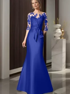 Bridal Mother Dress Illusion Neckline 3/4 Length Sleeves Bows Mermaid Wedding Guest Dresses