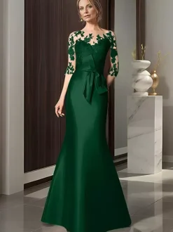 Bridal Mother Dress Illusion Neckline 3/4 Length Sleeves Bows Mermaid Wedding Guest Dresses