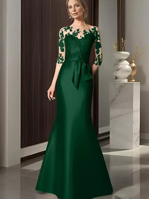Bridal Mother Dress Illusion Neckline 3/4 Length Sleeves Bows Mermaid Wedding Guest Dresses