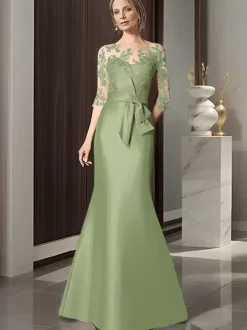 Bridal Mother Dress Illusion Neckline 3/4 Length Sleeves Bows Mermaid Wedding Guest Dresses
