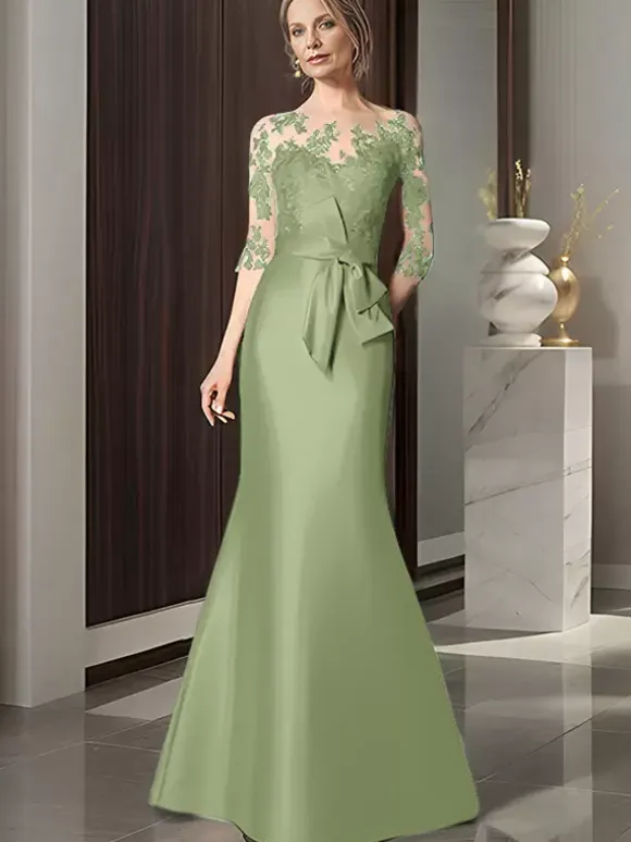 Bridal Mother Dress Illusion Neckline 3/4 Length Sleeves Bows Mermaid Wedding Guest Dresses
