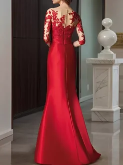 Bridal Mother Dress Illusion Neckline 3/4 Length Sleeves Bows Mermaid Wedding Guest Dresses