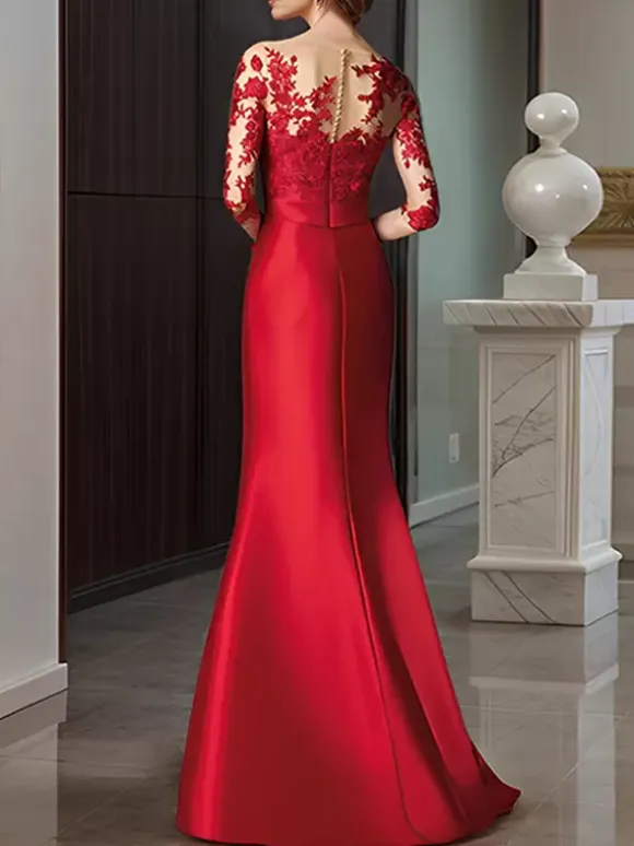 Bridal Mother Dress Illusion Neckline 3/4 Length Sleeves Bows Mermaid Wedding Guest Dresses
