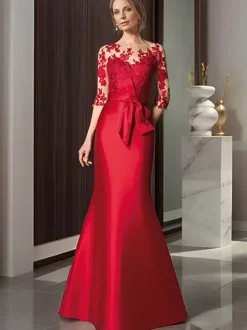 Bridal Mother Dress Illusion Neckline 3/4 Length Sleeves Bows Mermaid Wedding Guest Dresses