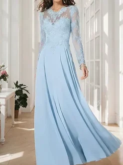 Bridal Mother Dress Illusion Neckline Long Sleeves A-Line Applique Wedding Guest Dresses