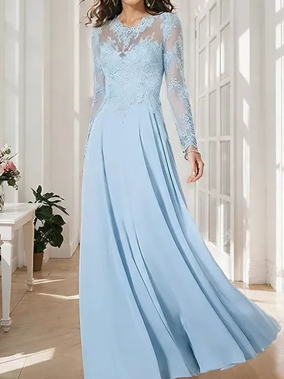 Bridal Mother Dress Illusion Neckline Long Sleeves A-Line Applique Wedding Guest Dresses