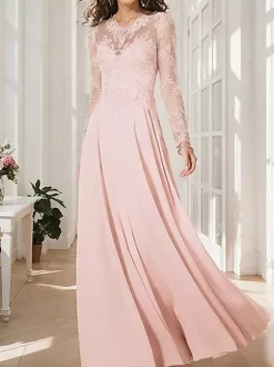 Bridal Mother Dress Illusion Neckline Long Sleeves A-Line Applique Wedding Guest Dresses