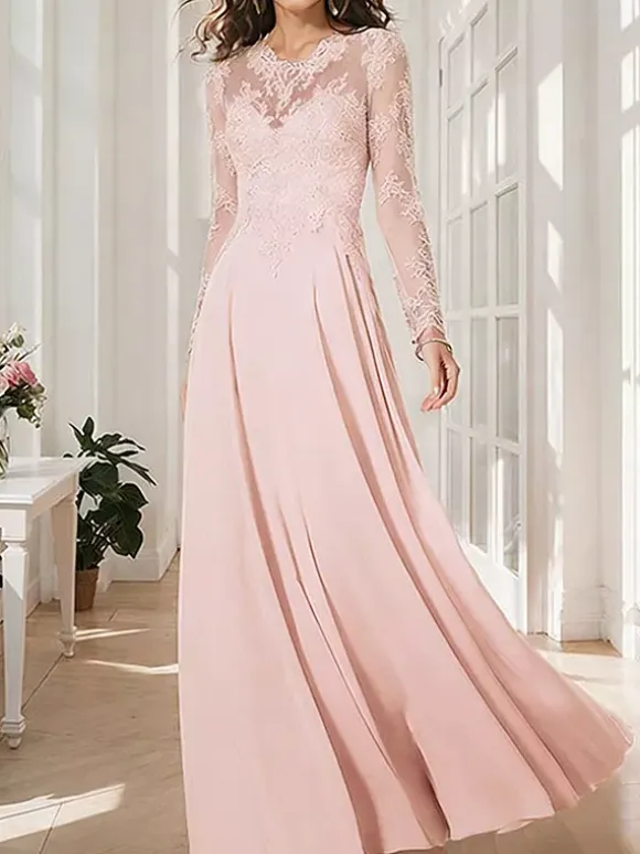 Bridal Mother Dress Illusion Neckline Long Sleeves A-Line Applique Wedding Guest Dresses