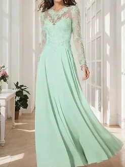 Bridal Mother Dress Illusion Neckline Long Sleeves A-Line Applique Wedding Guest Dresses