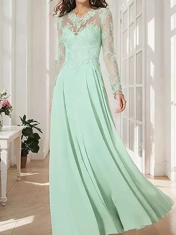 Bridal Mother Dress Illusion Neckline Long Sleeves A-Line Applique Wedding Guest Dresses